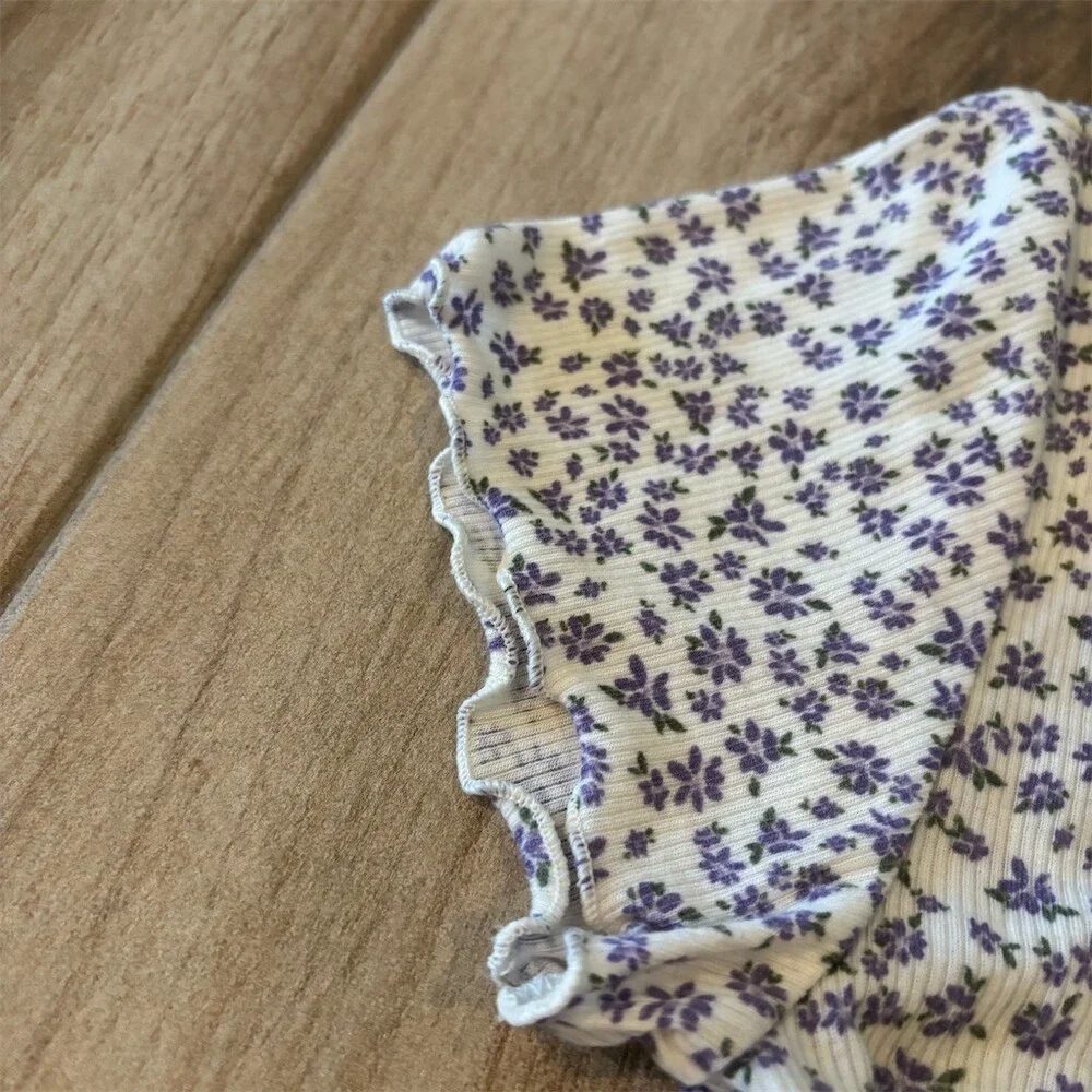 Forever 21 Baby Tee Womens Size L Ivory Floral Ribbed Cropped Purple Trim